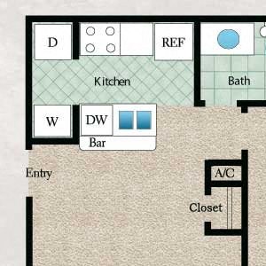 Apartments for Rent in Longview, TX 1 bedroom, 1 bathroom with walk-in closet, coat closet, kitchen, living area, and private patio or balcony in select apartment homes (558 sqft)